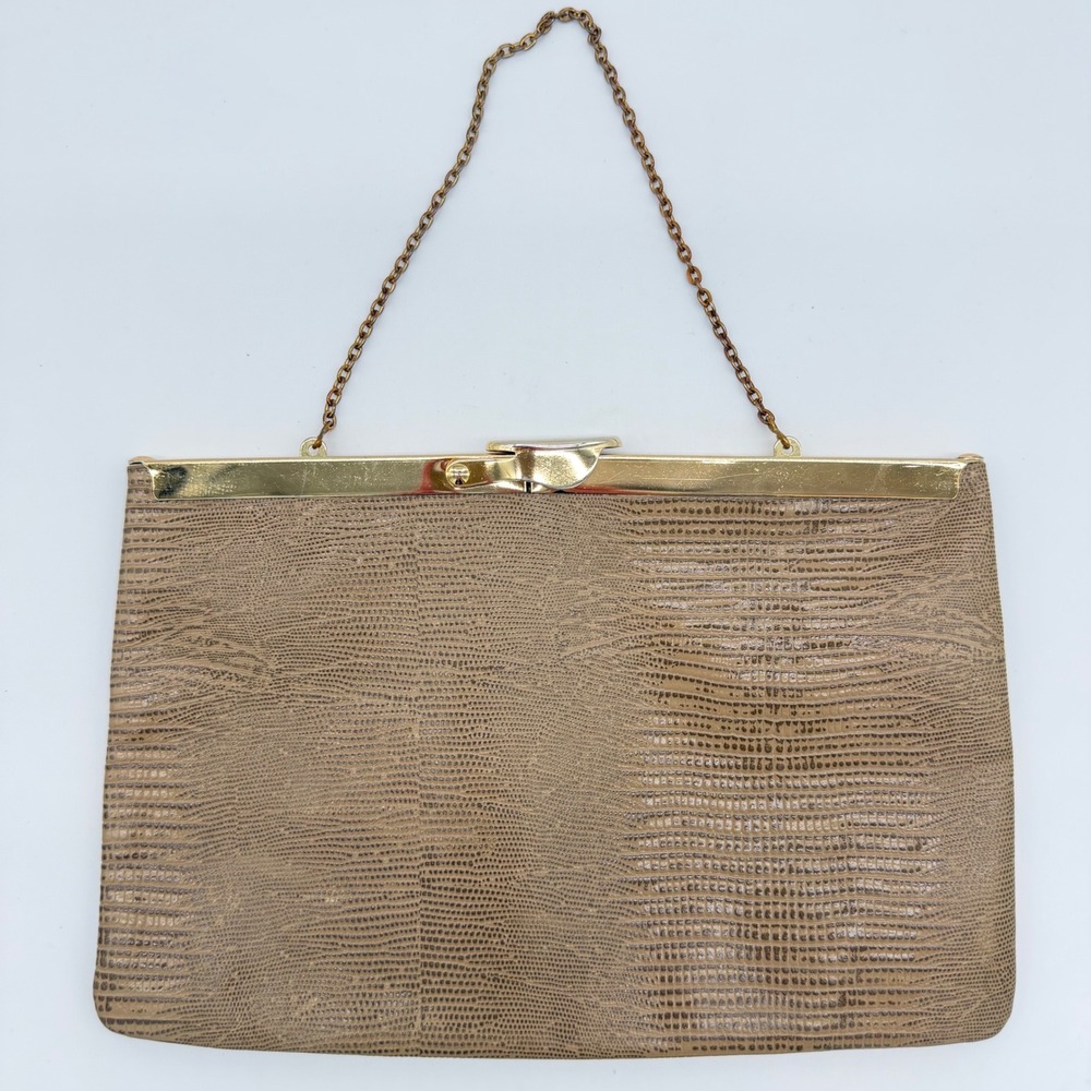Vintage Etra Beige Lizard Embossed Leather Clutch Purse Gold Frame Chain Strap